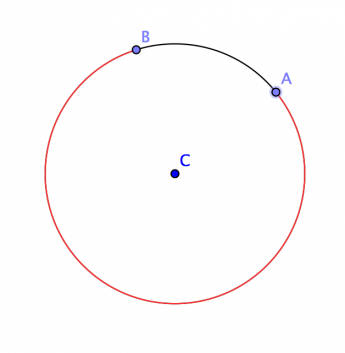 Figura 2. Os pontos A e B determinam, na circunferência (e no círculo) de centro C, dois arcos.