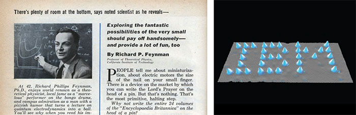 Figura 1. À esquerda: A célebre palestra de Richard Feynman noticiada à época (1959); à direita: imagem de microscopia de varrimento por tunelamento (STM, scanning tunelling microscopy) da sigla IBM, composta por átomos de Xe depositados numa superfície de Ni cristalino (110), publicada em 1990.