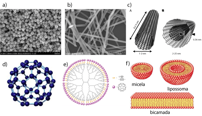 Figura 4. Diversidade química e estrutural de nanomateriais e sistemas estruturados à nano-escala (exemplos): a) e b) nanocristais de Au e nanofios de Ag, respetivamente, observados por microscopia eletrónica de varrimento (SEM); c) nanotubos de carbono de parede simples (SWNT) e múltipla (MWNT); c) molécula de buckminsterfullereno (<em>buckyball</em>), com ca. de 1 nm de raio; e) dendrímero G5 funcionalizado covalentemente na orla, com diâmetro da ordem de 10 nm; f) estruturas auto-agregadas (coloides associativos) de lípidos e tensioativos,  micelas (4-5 nm), lipossomas (10-1000 nm), bicamada membranar (espessura típica de 4-5 nm).