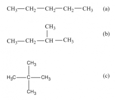 Figura 2. Isómeros de cadeia: (a) pentano; (b) isopentano; (c) neopentano.