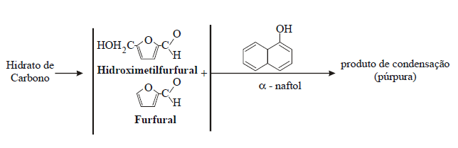 Esquema da combinação entre monossacáridos
        desidratados em furfural e/ou hidroximetilfurfural com o
        α-naftol